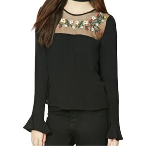 Floral Embroidered Blouse NEW M Sheet Yoke Flare Cuff Long Sleeve Rainbow